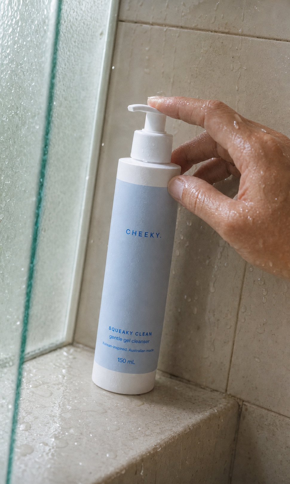 CHEEKY cleanser with a white lotion pump photographed in a warm tiled shower