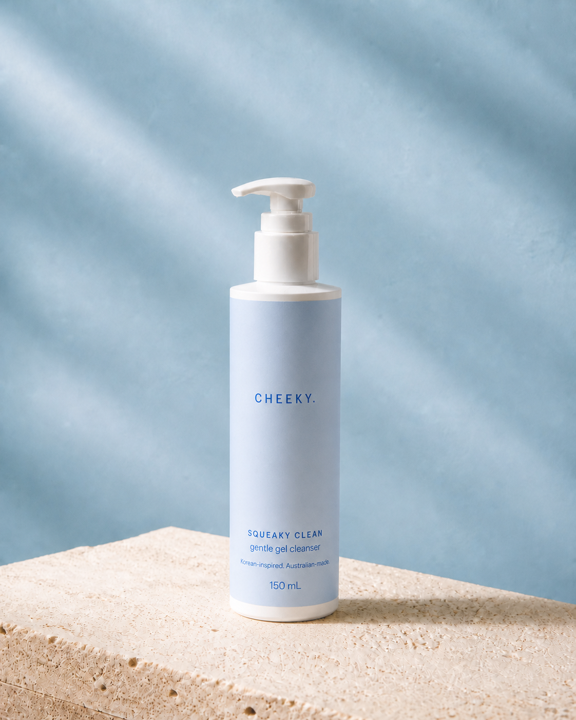 CHEEKY Squeaky Clean gentle gel cleanser with the selected slim white lotion pump and current pale-blue label concept
