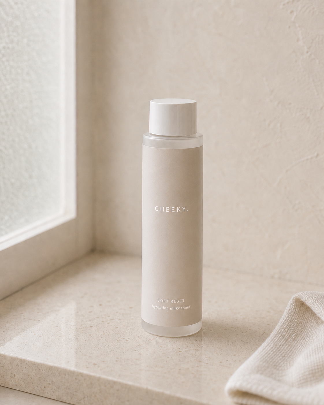 Warm cream CHEEKY Soft Reset hydrating milky toner bottle concept with white lettering in natural window light