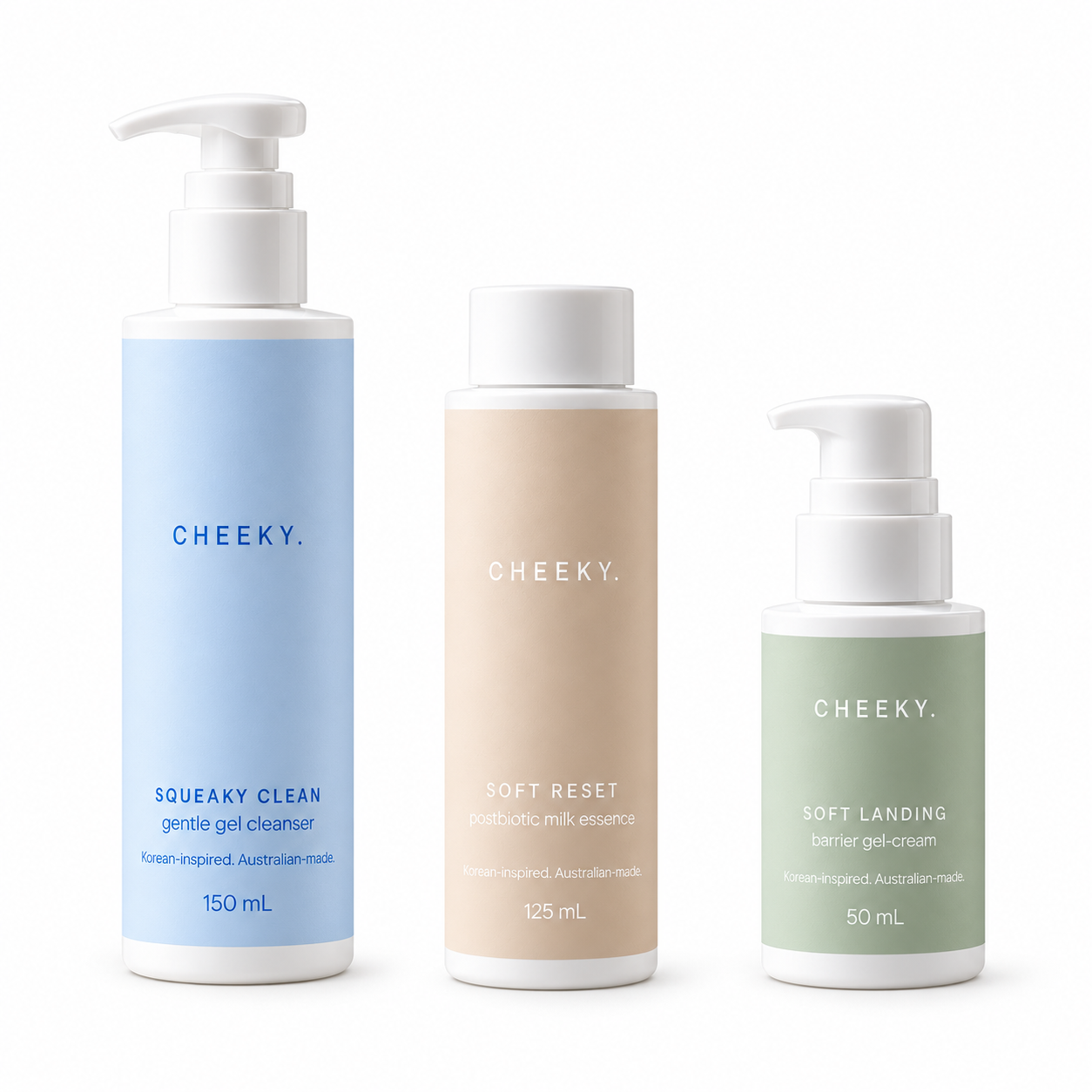 The three-step CHEEKY skincare routine: Squeaky Clean, Soft Reset and Soft Landing